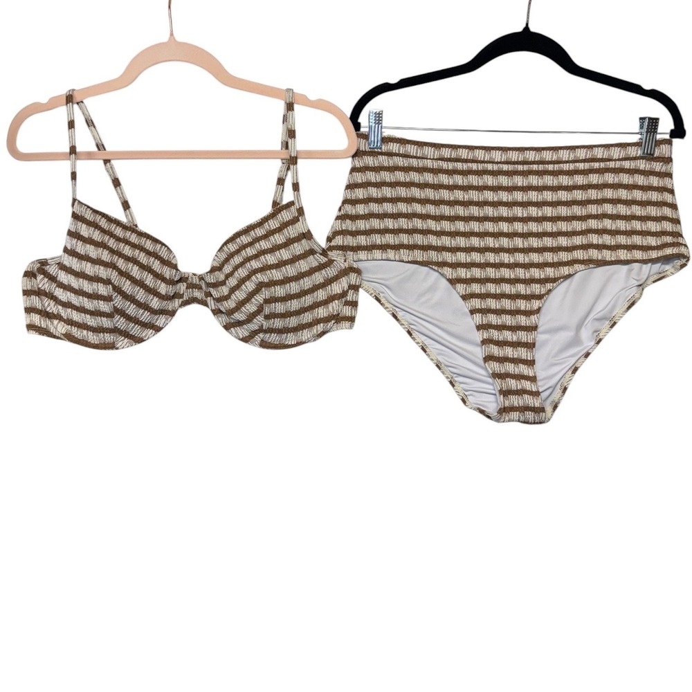 Aralina Women Brown White Striped High‎ Waisted Bikini Set 2XL (runs small)